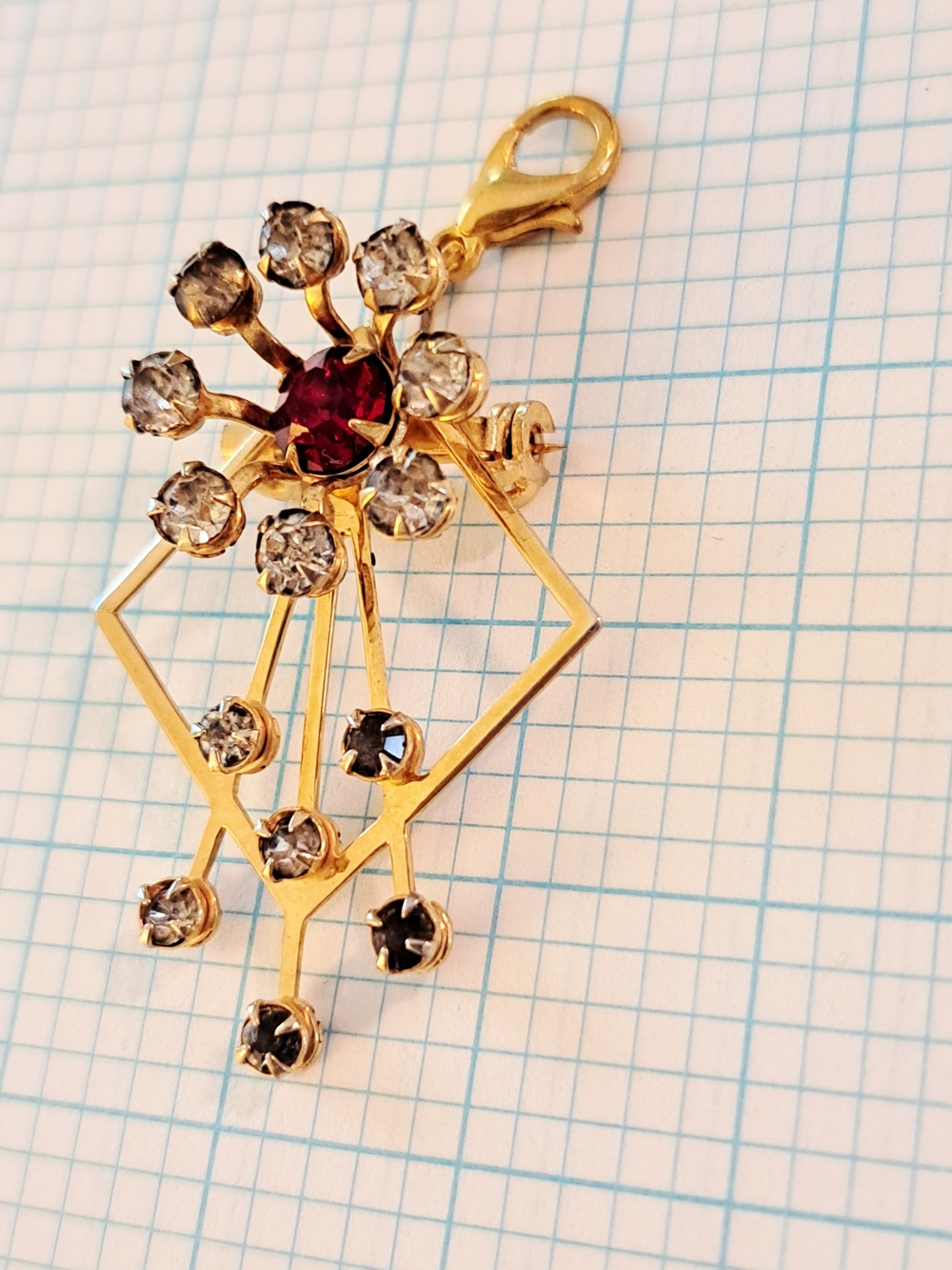 Vintage Gold-Tone Red and Clear Crystal Floral Pendant Charm Brooch Pin Jewelry